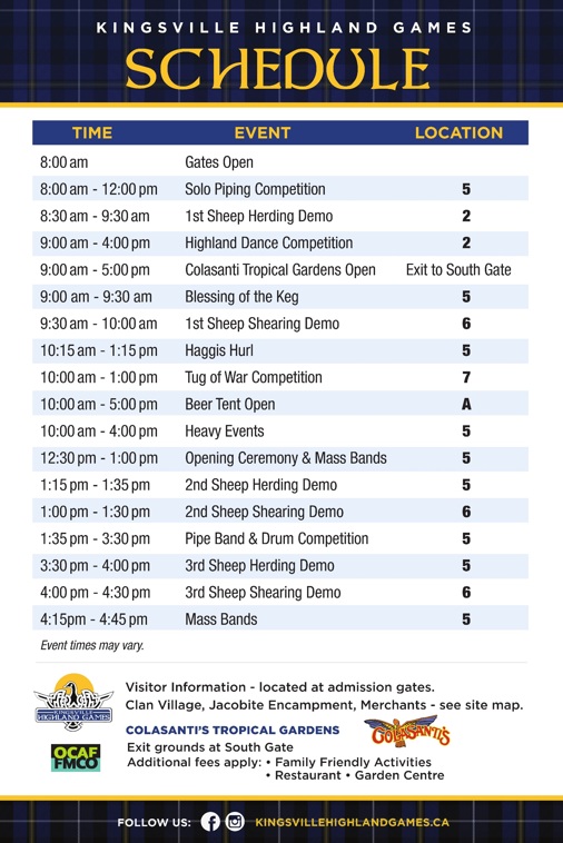 Kingsville Highland Games 2026 Schedule