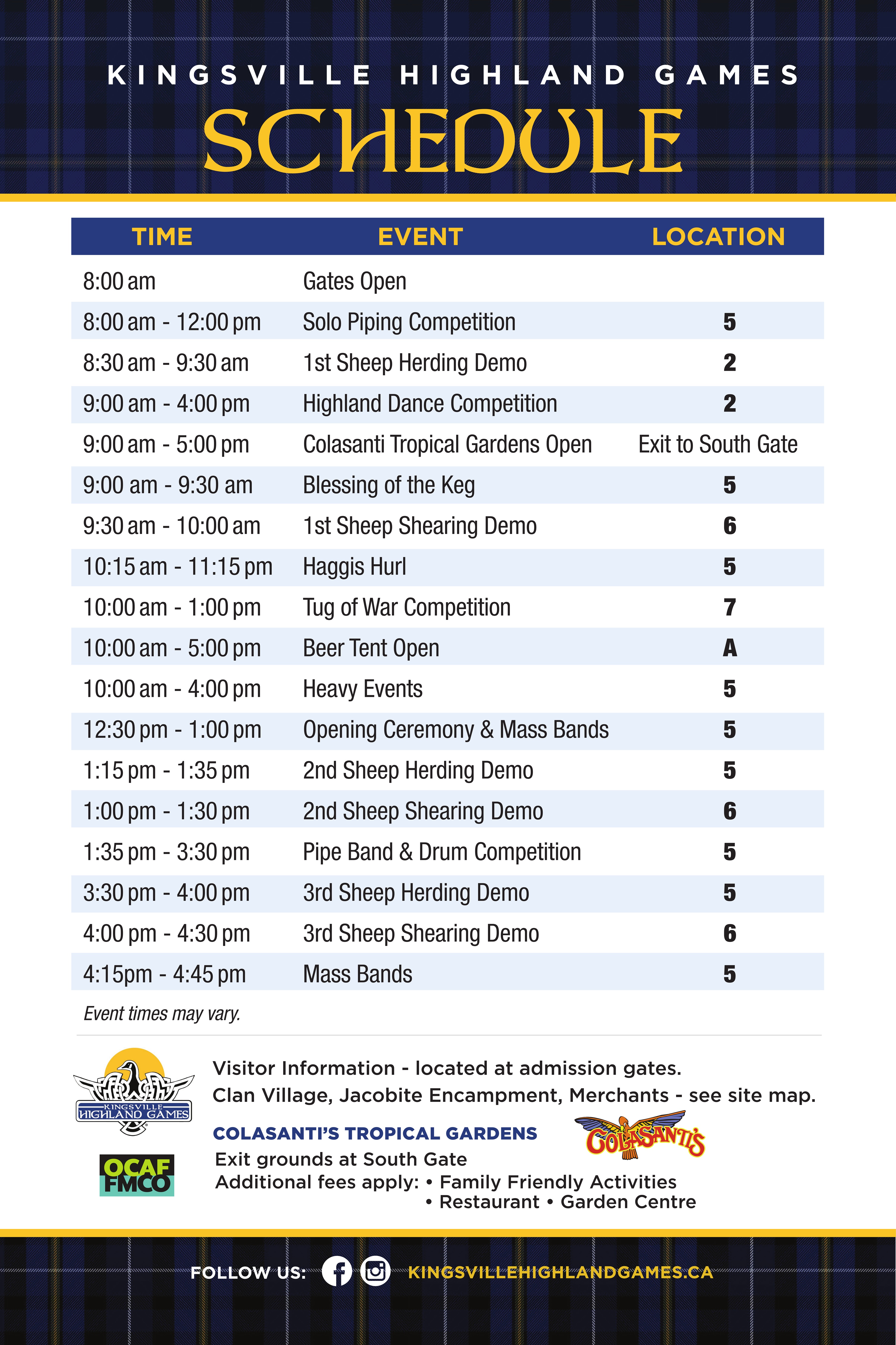 Kingsville Highland Games 2026 Schedule